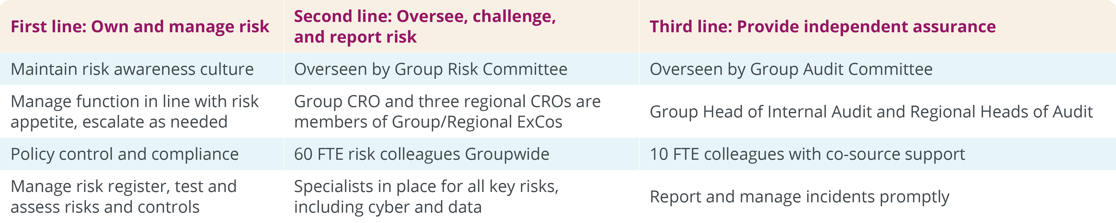Three lines of defence table